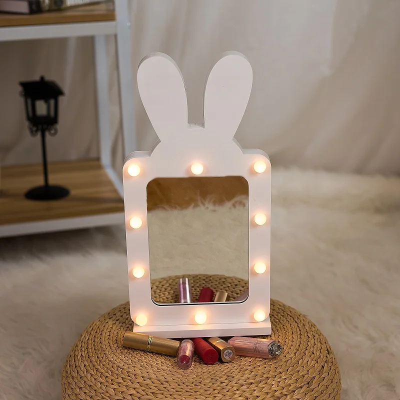 

Wooden LED fairy party lights Illumination battery Makeup Professional Vanity Mirror white rabbit ears Holiday bedroom mom gift