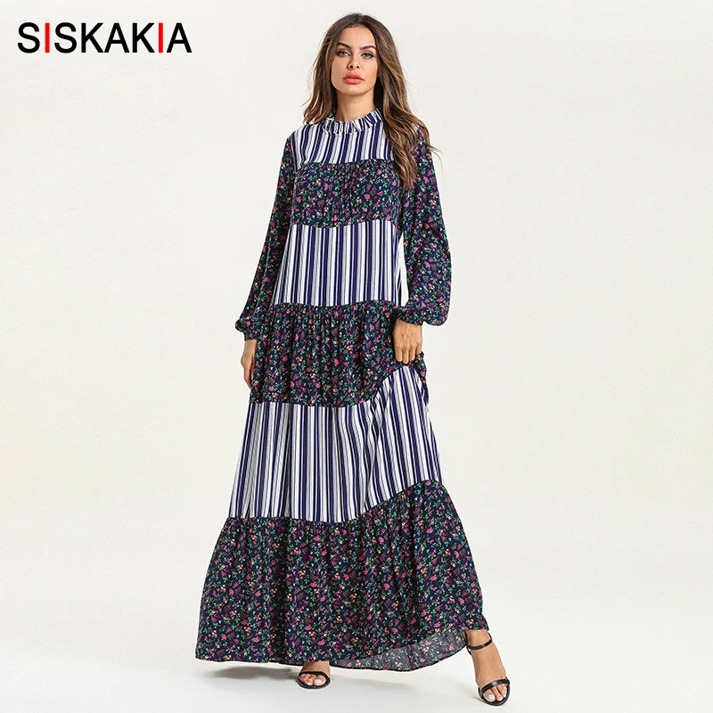

Siskakia Floral Printing Stripe Patchwork Women Long Dress Lace Collar Drawstring Long Sleeve Maxi Dresses Plus Size Swing 2019