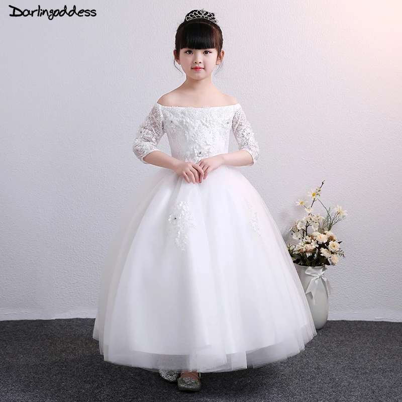 

White Ball Gown Flower Girl Dresses for Weddings Half Sleeve Long Evening Party Dresses for Girls Kids First Communion Dress