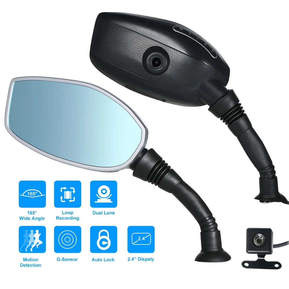 Motorcycle Rearview Mirror Twin Camera Motorbike Dash Cam Video Camcorder 2.4 Inch Screen
