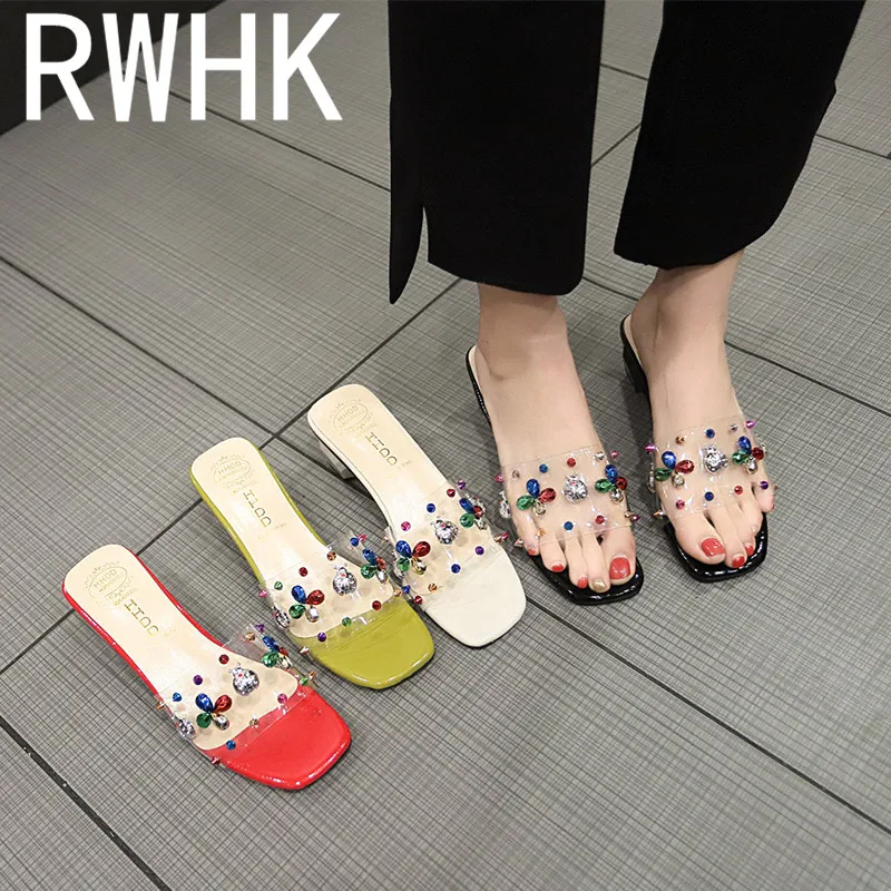 

RWHK 2019 crystal drag female summer wear Korean sequins flowers rivets one word drag thick with heel slippers women B178