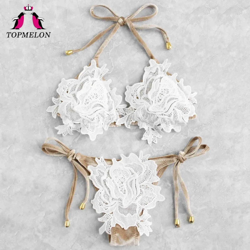 

Topmelon Swimsuits Women Summer Female Bikini Sets Night Swimsuit White Lace Flower Triangle Swimwear Bathing Suit Beach Outdoor