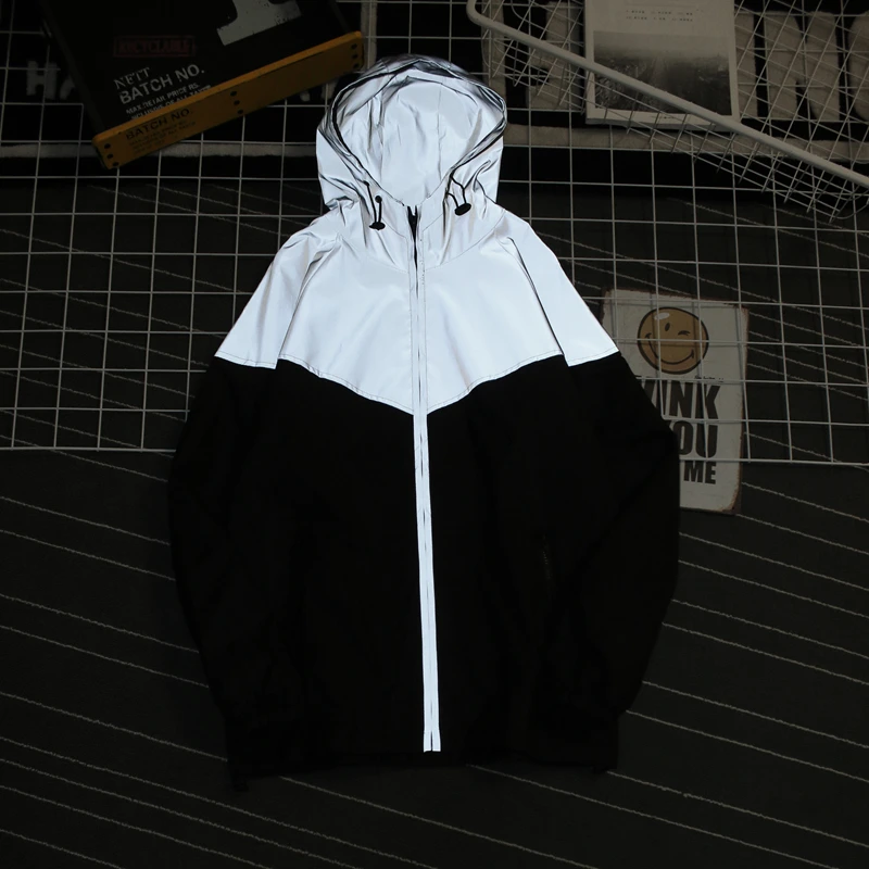 

Men fashion Patchwork Reflective Night Windbreaker zipper Hooded jackets streetwear Casual skateboard hoodie bomber jacket Coat