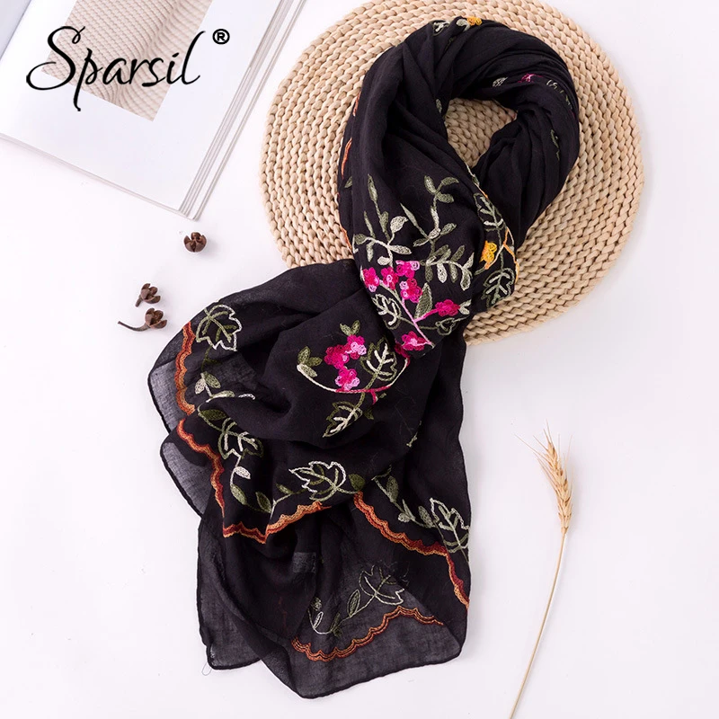 

Sparsil Women Spring Summer Cotton Linen Scarf Sun Protective Floral Embroidery Soft Beach Vacation Shawl Scarves For Lady