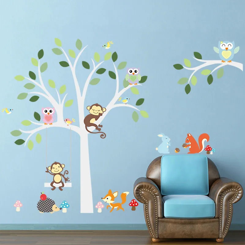 

large newest warm color DIY Animal Zoo Monkey Deer Squirrel Hedgehog Turtle tree home decal wall sticker kids room decor