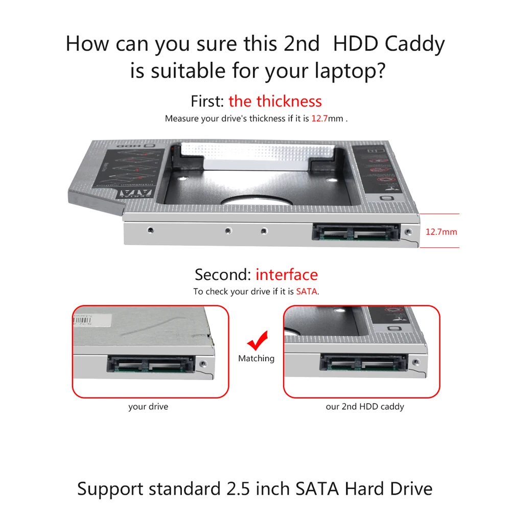 Sunvalley 12,7 мм Алюминиевый металлический материал 2nd HDD Caddy SATA To SATA 2," SSD HDD чехол для ноутбука ODD DVD/CD-ROM Optibay