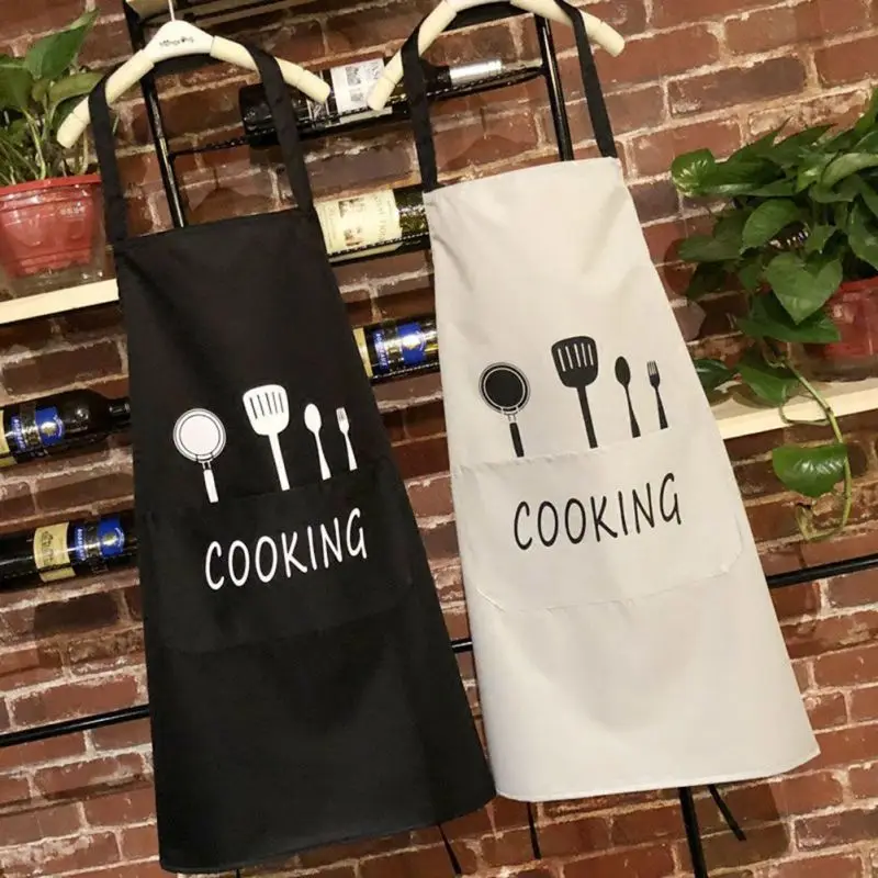 

Unisex Adjustable Kitchen Cooking Apron Brief Water Oil Proof Apron Chef Waiter Uniform Bib Pocket Knife Fork Printed Aprons