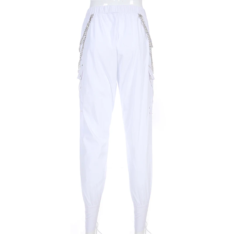 Weekeep/белые брюки-карго с высокой талией; женские белые брюки с металлической цепочкой в стиле пэчворк; женская уличная одежда; узкие брюки для бега