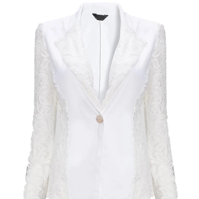 Модный женский Блейзер весна осень прозрачный кружевной Цветочный лоскутный тонкий OL формальные Пиджаки Костюмы Пальто Куртка размера плюс - Цвет: white