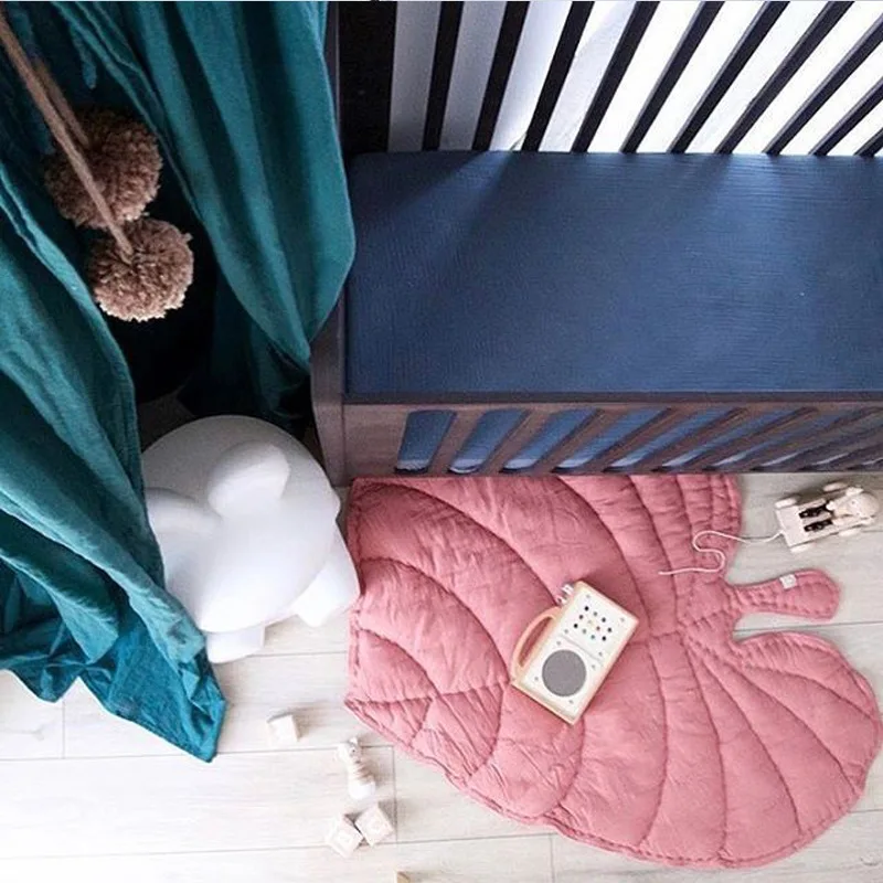 Baby Girls Pink Leaves Cotton Play Mat Sweet Toy Round Rug Pad Newborn Kid Carpet Blanket Cartoon Rawling Climb Mat Room Cushion  (1)