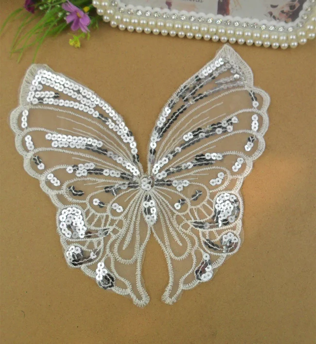 Wholesale lot Large silver sequin butterfly lace patch DIY sewing craft wedding doll dress