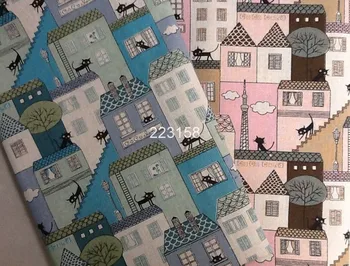 

cotton & linen freeship for 5*1.5m tolie fabric house&cat printed,two colors, for cushion,bag,table cloth,napkin,tea towel.zakka