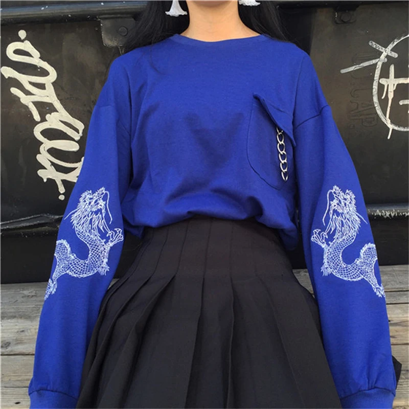 Kawaii Cool, новинка, Moletom, корейский стиль, Харадзюку, толстовки, вышивка дракона, длинный рукав, толстовка, женские толстовки - Цвет: Синий