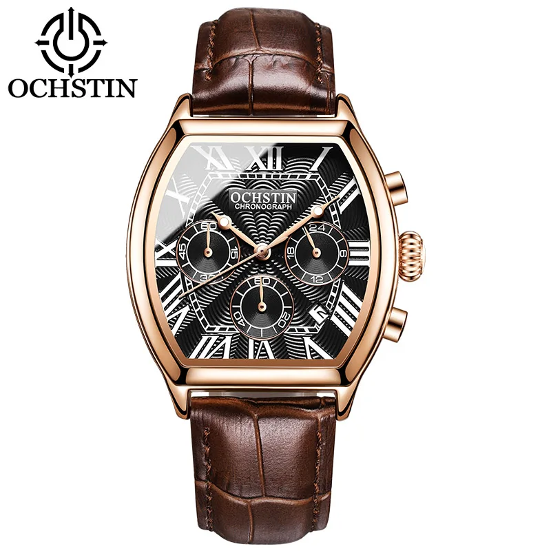 OCHSTIN Auto Date Sports Military Men Watches Luxury Brand Tonneau Quartz-watch Man Leather Army Male Clock Relogio Masculino - Цвет: Rose gold black