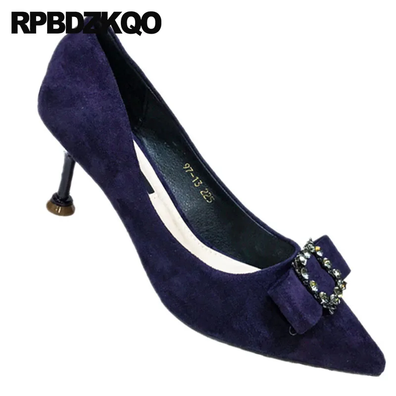 2018 Bout Taille Chaussures Pompes Coréen Cristal Élégant Strass pourpre Noir Daim 34 4 Arc Hauts Talons Chic Violet Mode Scarpin Pointu Femmes gris De qq0rw7