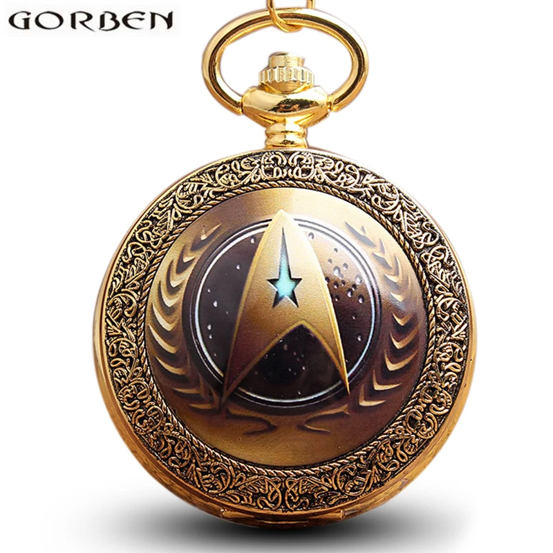 Винтаж кварцевые карманные Часы Star Trek тема Цепочки и ожерелья брелок часы Подвески с цепочкой золото бронза синий для Для мужчин Для женщин
