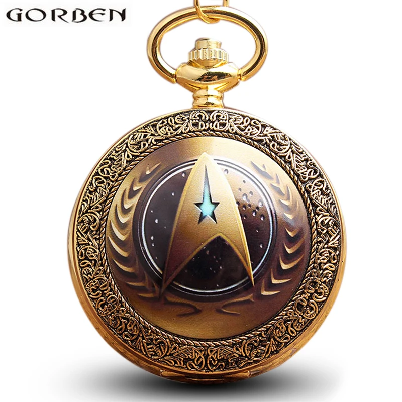 

Vintage Quartz Pocket Watches Star Trek Theme Necklace Fob Clock Pendants With Chain Gold Bronze Blue For Men Women Gift