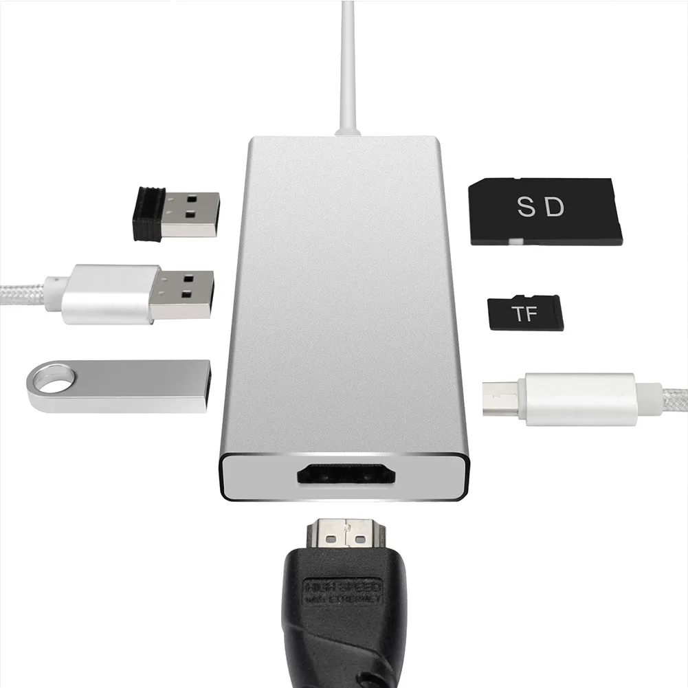 

7 In 1 Hub Type-C to HDMI/USB3.0/SD/TF Card Reader Adapter for Macbook Windows Laptop HDTV QJY99