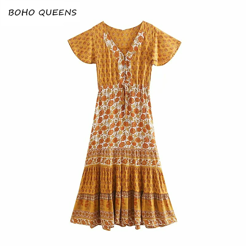 

Boho Chic women floral print short sleeve rayon Bohemian dresses Ladies V neck Tassel Summer vintage pleated Maxi dress vestidos