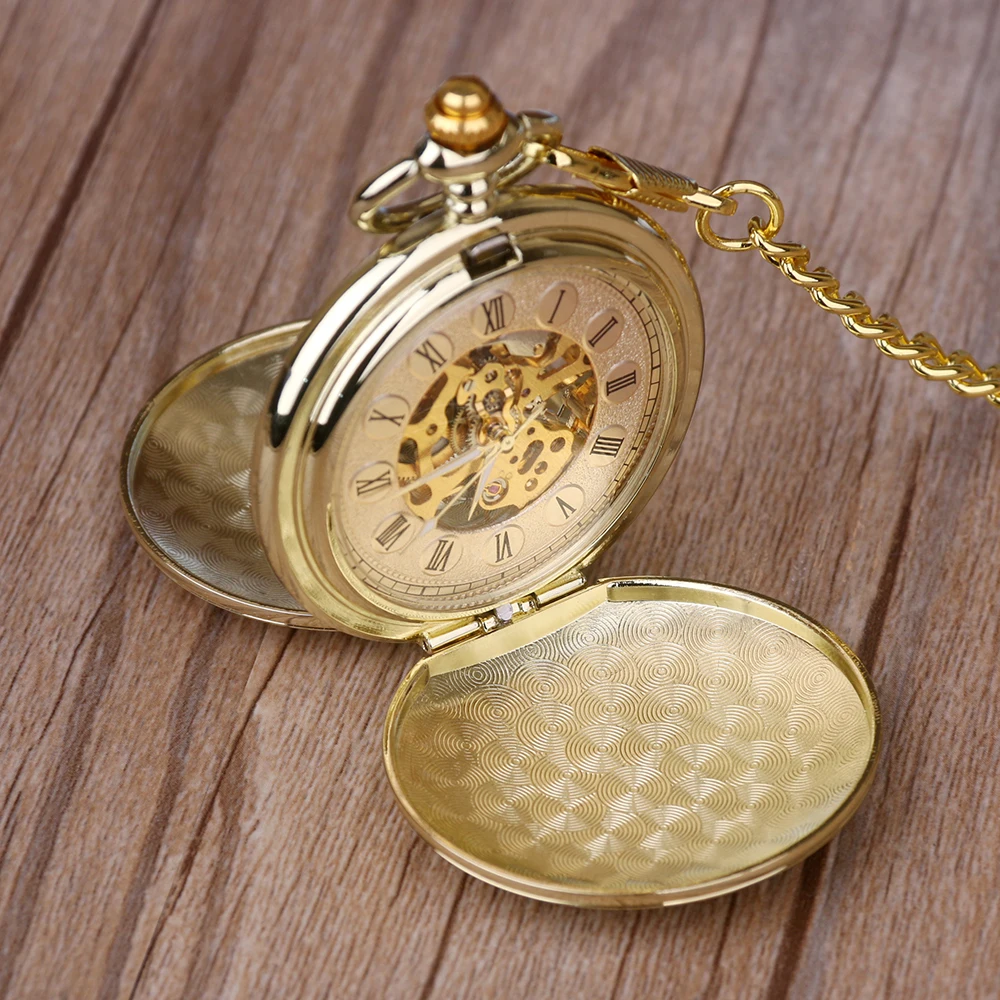 Ретро часы с золотым карманом и брелоком, полностью двойные Механические карманные часы с гравировкой для мужчин и женщин, карманные часы с цепочкой