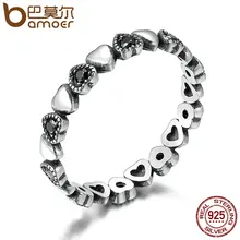 BAMOER Genuine 925 Sterling Silver Stackable Ring Heart Black CZ Finger Rings for Women Wedding Anniversary Jewelry Anel SCR140