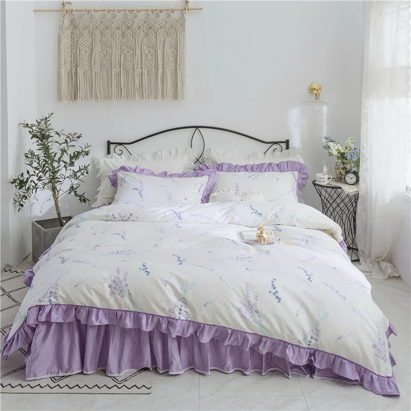 4pcs Luxury Cotton Bedding Set Ruffles Duvet Cover Set Bed Skirt