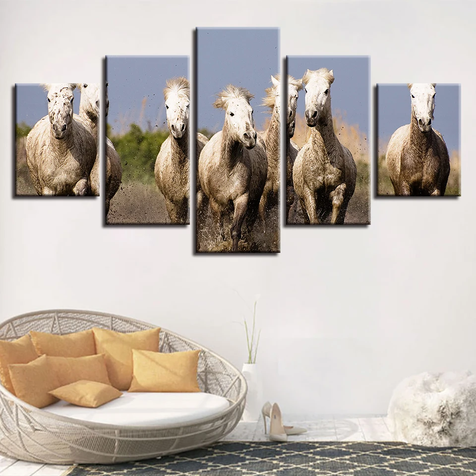 

Frame HD Printed Modern Living Room 5 Panel Animal Horse Painting Wall Art Modular Poster Home Decoration Canvas Pictures