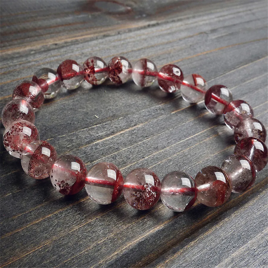 

9.5mm Genuine Red Phantom Volcanic Ash Quartz Crystal Round Clear Beads Stretch Charm Bracelets For Women Free Shipping