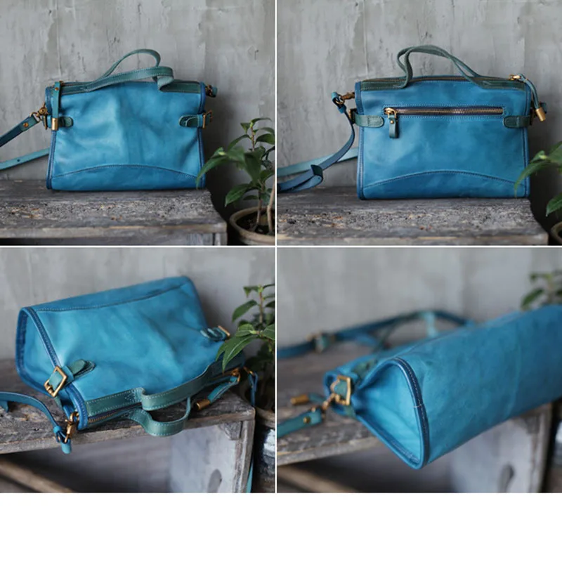 AETOO New ins retro literary leather handbag shoulder diagonal package blue handmade leather port wind bag