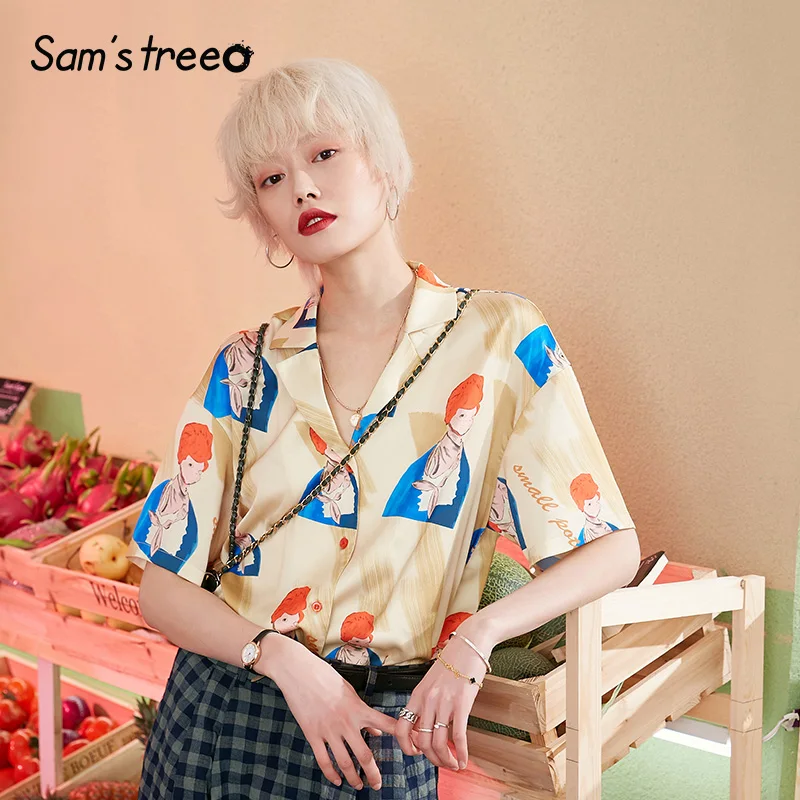 

Samstree Summer Blouses for Women Short Sleeve Character Print Satin Blouse for Work Loose Plus Size Fashion Office Ladies Tops