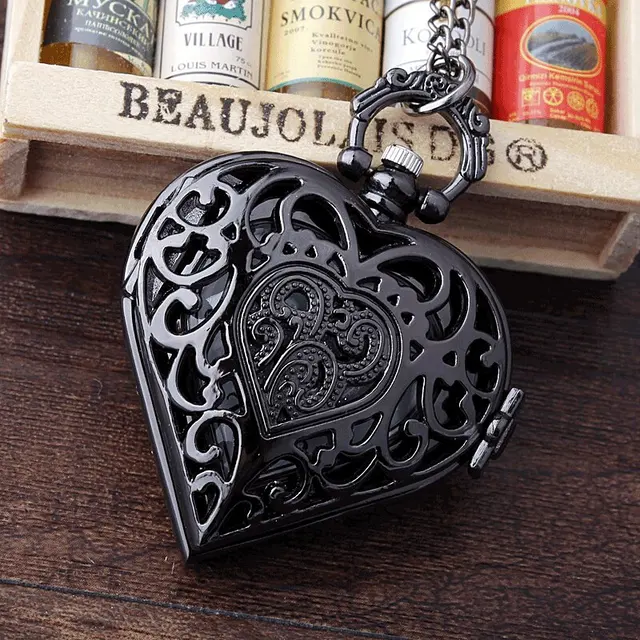 Black Full Steel Hollow Heart-shaped Pocket Watch Necklace Pendant Chain Women H Black Full Steel Hollow Heart-shaped Pocket Watch Necklace Pendant Chain Women H