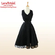 Sexy Schwarz Eine Linie V-ausschnitt Perlen Spitze Cocktailkleider 2016 Knielangen Partei Prom Kleider Sommerkleid Mädchen robe de cocktail TC43