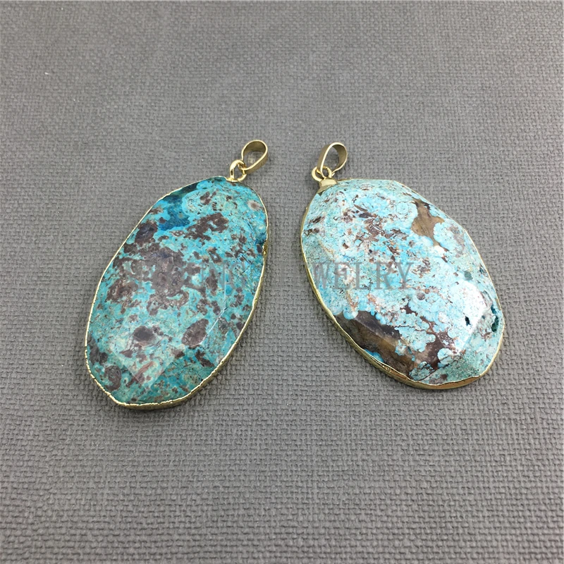MY1161 Oval Faceted Ocean Jaspers  Slice With Gold  Electroplated Edges and Bail Pendant (1)