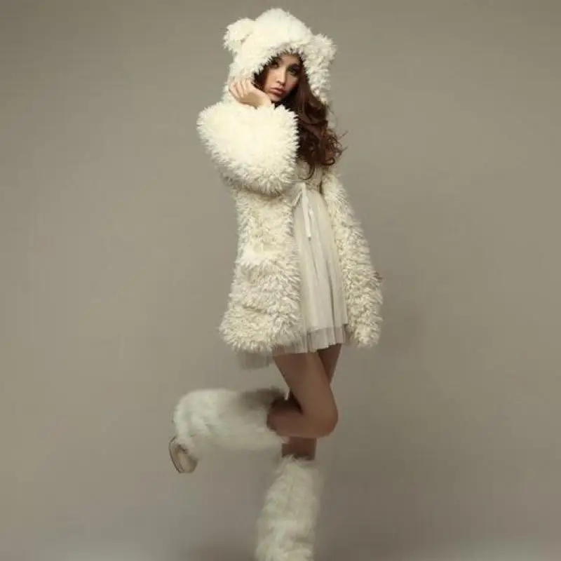 Плюшевое вельветовое меховое пальто для женщин из черного длинного абзаца, милое плюшевое пальто с капюшоном и ушками медвежонка, Женская Корейская версия XL