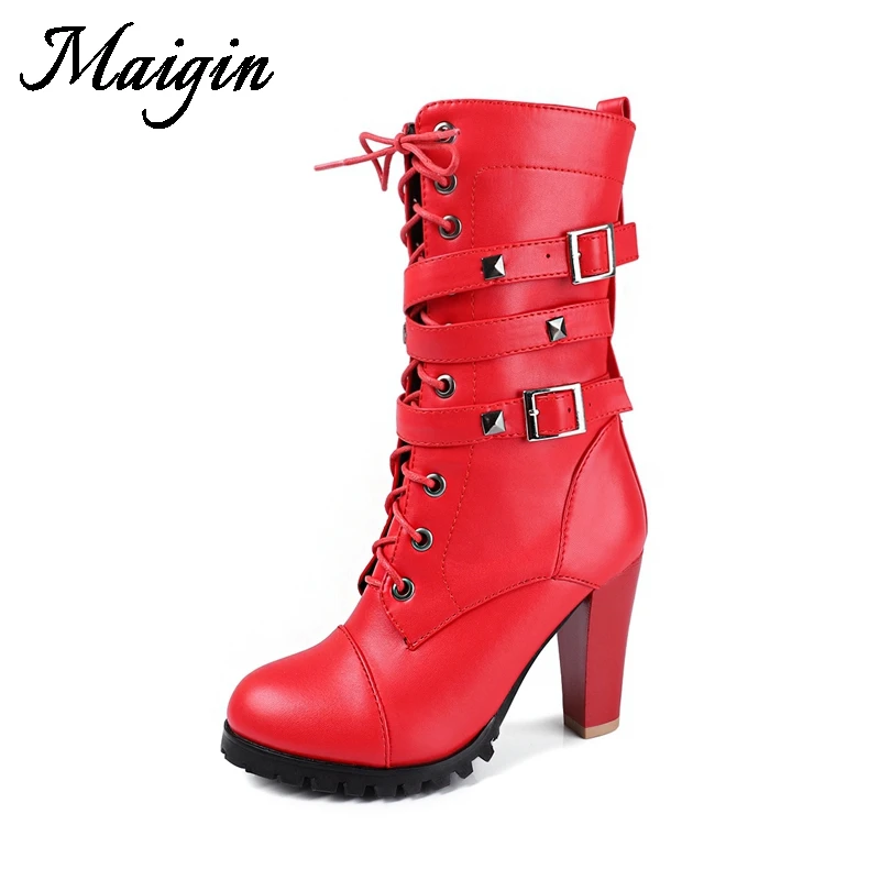 Maigin Big Size 10 Women Boots 2018 New Round Toe High Heels Mid-calf Boots Lace Up Platform Shoes Women Footwear Ladies Shoes
