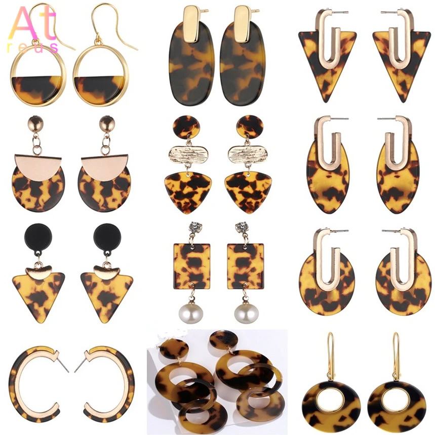 

New Fashion Tortoise Color Leopard Print Acrylic Acetic Acid Sheet Geometric Circle Square Triangle Long Drop Earrings for Women