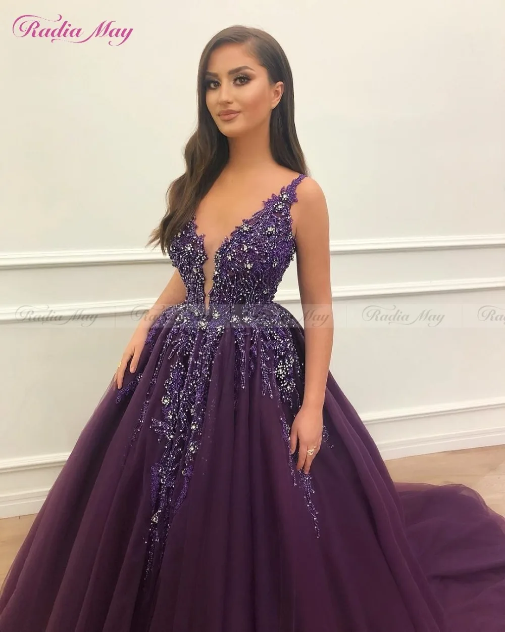 Арабское фиолетовое Тюлевое бальное платье, вечерние платья с бисером и v-образным вырезом, женское длинное вечернее платье для выпускного вечера
