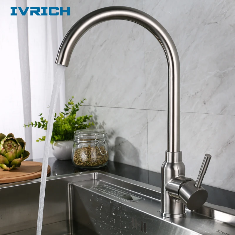 IVRICH SUS304 Stainless Steel Kitchen Faucet  Gooseneck Style Wide Spread Watering Water-Saving Soft Bubble Generator VR402