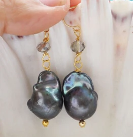 

Hot selling> shitou 00286 baroque black keshi reborn pearl faceted crystal dangle earring -Bride jewelry free shipping