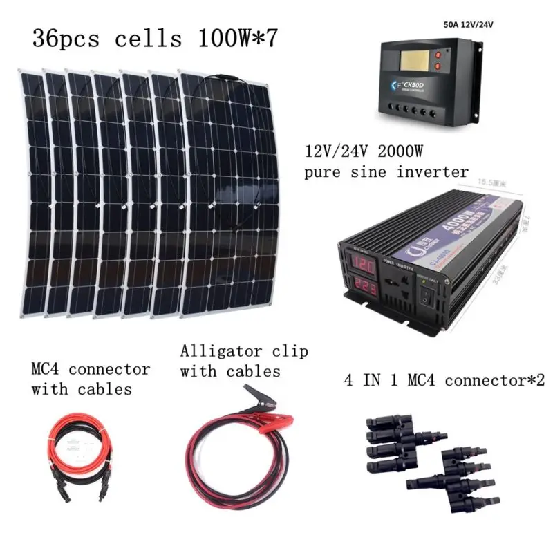 

7pcs 100W Solar Panels with 50A Solar Controller 2000W Inverter with Quick Connection Cables 700W House-use Solar Power System