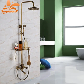 

Suguword Antique Brass Shower Combo Set with Shelf and Round Hooks Shower System Mixer Taps