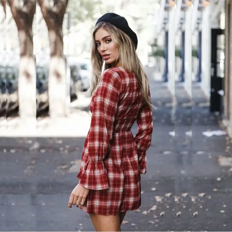 yinlinhe Red Plaid Dress Women Long Flare Sleeve Vintage Lace Up Slim Waist Summer Dress Hollow Out Elegant Vestidos  4