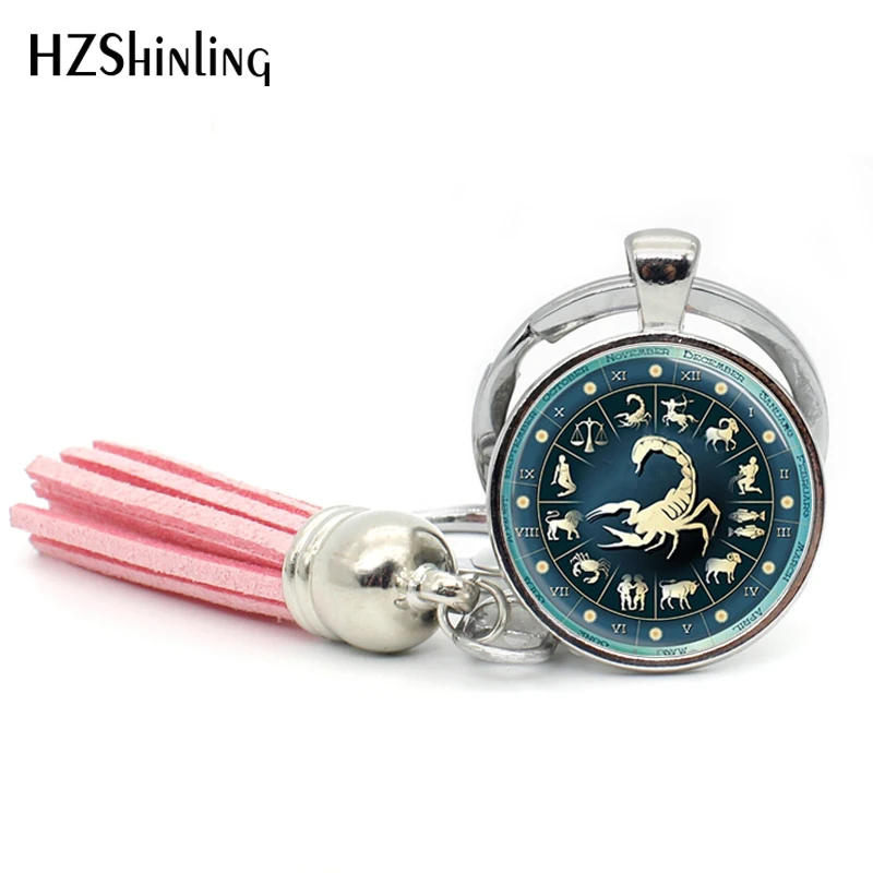 

2017 Fashion Zodiac Sign Tassel Key Chain Aquarius Scorpio Photo Keychains Silver Handcraft Jewelry Glass Key Chain Gifts Friend