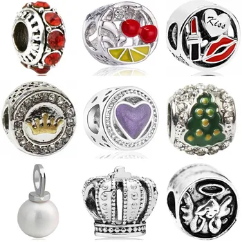 

Simple Style Crystal Cherry Crown Tree Hat Cake Simulated Pearl Heart Beads Fit Original Pandora Charms for Women DIY Jewelry