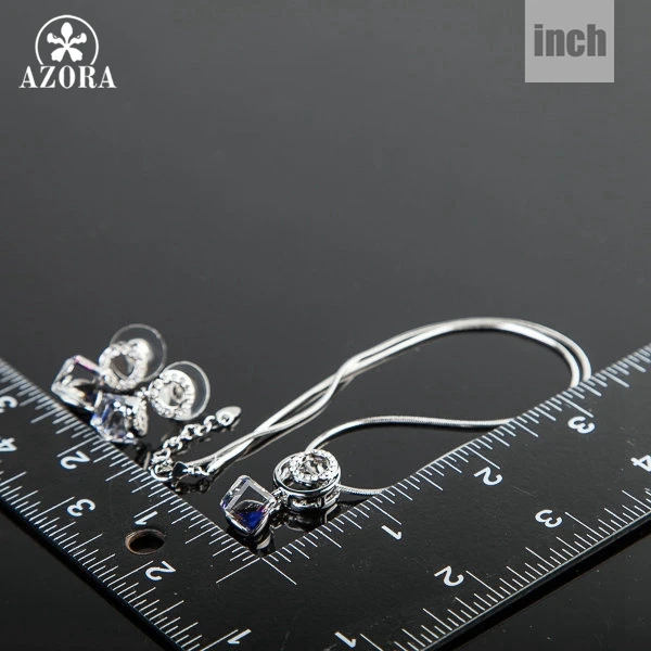 AZORA White Gold Color Bule Stellux Austrian Crystal Cube Drop Earrings and Necklace Jewelry Set TG0032