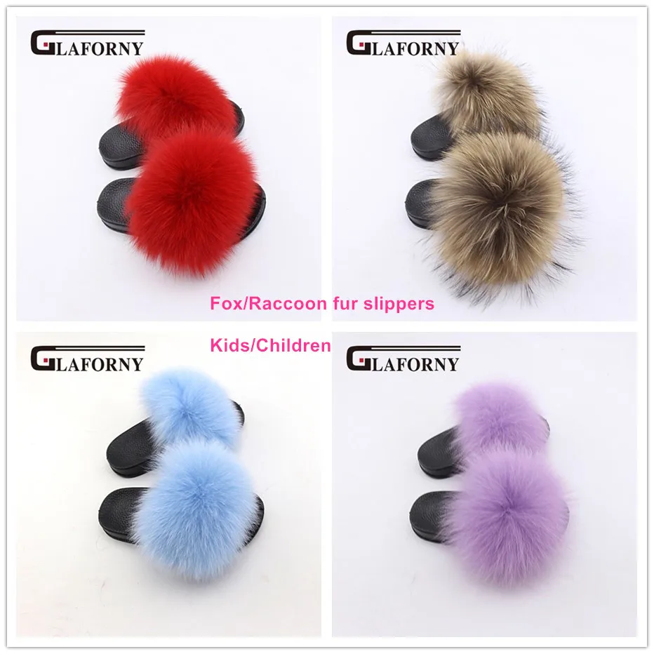 Glaforny 2018 Kids Real Fox Fur Girls Slipper Spring Summer Natural Fur Slides Children Indoor Outdoor Fashion Shoes Luxury Fox 2019 New Fashion Style Online Apparel Accessories Girl's Accessories