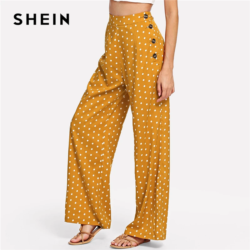 

SHEIN Ginger Polka Dot Side Button Wide Leg Pants Casual High Waist Button Fly Trousers Women Long Pants For Summer Autumn