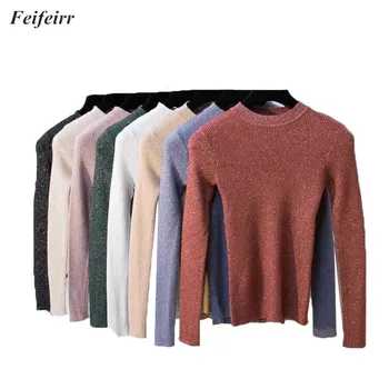 

Autumn Winter Basic Pullover Sweater Women 2018 Korean version of the long-sleeved round neck bright line sexy Slim Knit Tops