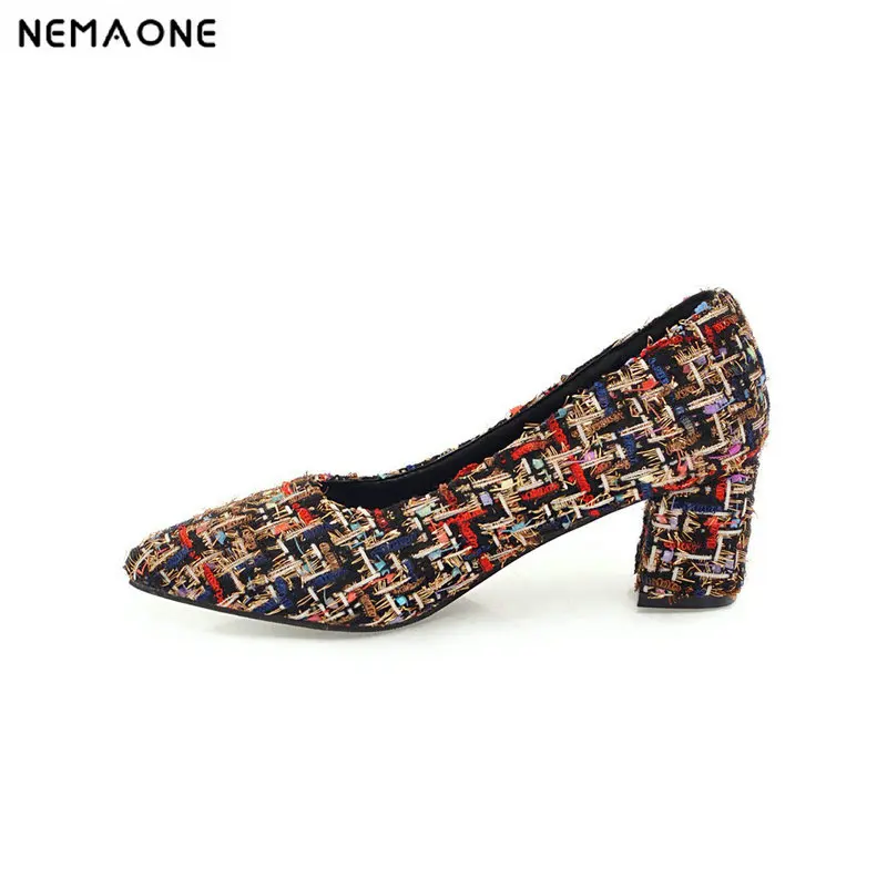 

3 Colors Pointed Top Pumps Med High Thick Heels Flock Shoes 2019 New Woman Shoes Female Office & Career Shoes