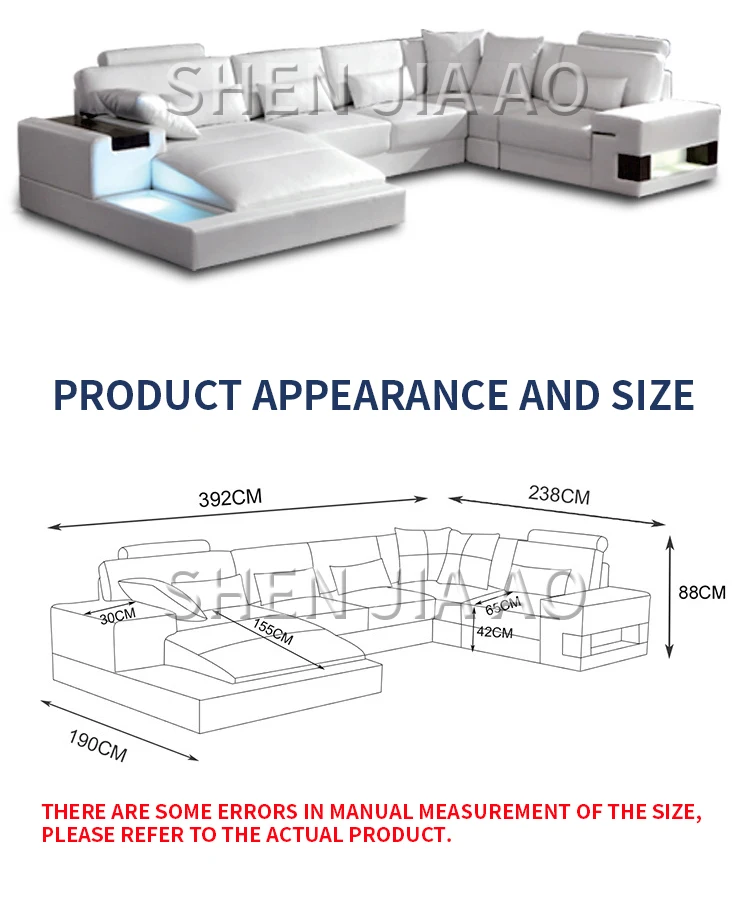 Светодиодный светильник, кожаный диван, вилла, большой размер, простой кожаный диван для гостиной, современный u-образный комбинированный угловой диван, 1 шт